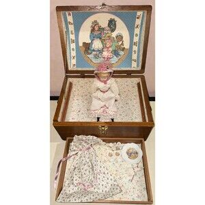 Porcelain Doll Trunk Set w/ Wooden Chest Tea Set Accessories Victorian Style